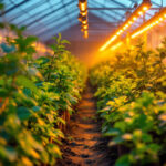 A photograph of a vibrant greenhouse filled with lush plants under the warm glow of led grow lights