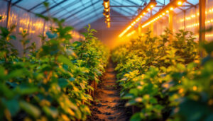 A photograph of a vibrant greenhouse filled with lush plants under the warm glow of led grow lights