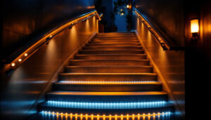 A photograph of a beautifully illuminated staircase featuring led lights