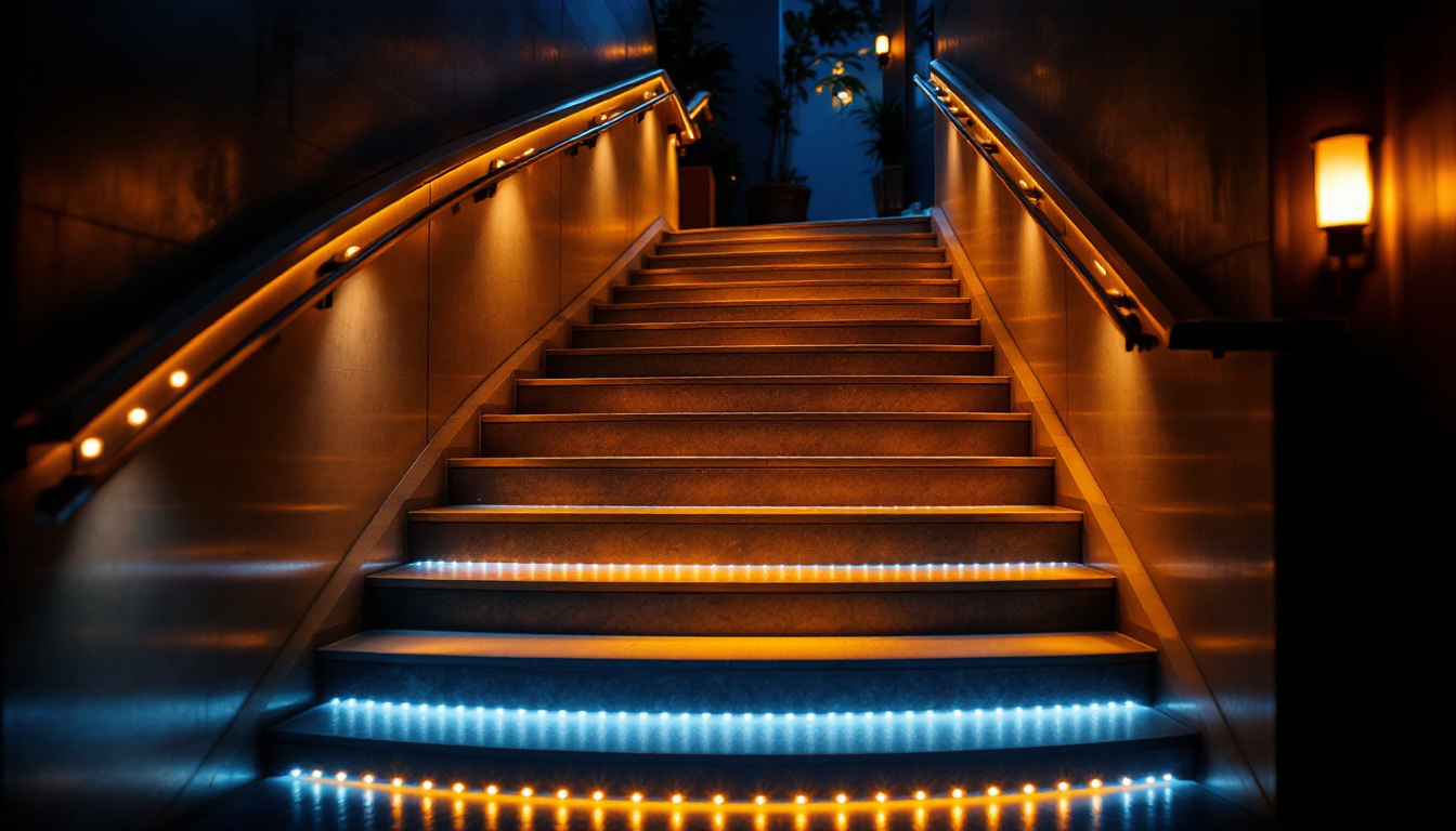 A photograph of a beautifully illuminated staircase featuring led lights