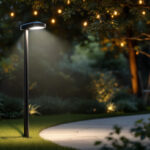 A photograph of a well-lit outdoor setting featuring a stylish solar light post in use