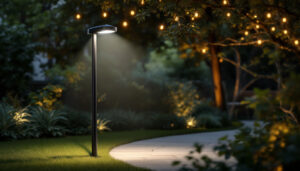 A photograph of a well-lit outdoor setting featuring a stylish solar light post in use