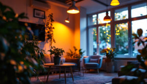A photograph of a well-lit interior space showcasing the warm