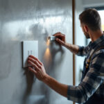 A photograph of a lighting contractor expertly installing a sleek digital light switch in a modern home setting