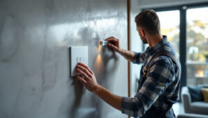 A photograph of a lighting contractor expertly installing a sleek digital light switch in a modern home setting