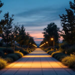A photograph of a well-lit outdoor lighting installation at dusk