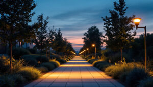 A photograph of a well-lit outdoor lighting installation at dusk