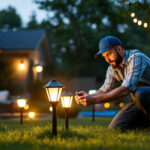 A photograph of a lighting contractor installing solar outdoor lights in a residential yard