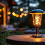 A photograph of a beautifully designed outdoor solar lamp illuminating a cozy patio setting at dusk