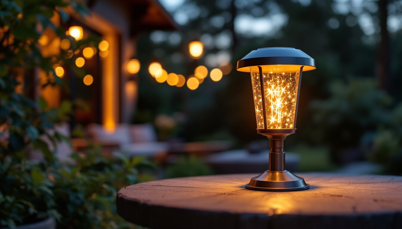 A photograph of a beautifully designed outdoor solar lamp illuminating a cozy patio setting at dusk