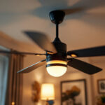 A photograph of a well-lit ceiling fan in a stylishly decorated room