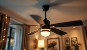 A photograph of a well-lit ceiling fan in a stylishly decorated room
