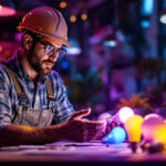 A photograph of a lighting contractor examining a range of led bulbs in a well-lit workspace