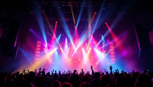 A photograph of a dynamic concert scene featuring a variety of professional lighting equipment in action