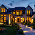 A photograph of a beautifully lit exterior of a modern home at dusk