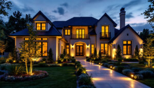 A photograph of a beautifully lit exterior of a modern home at dusk