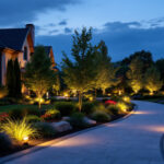A photograph of a beautifully illuminated outdoor landscape at dusk