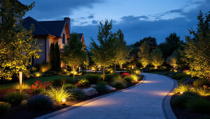 A photograph of a beautifully illuminated outdoor landscape at dusk