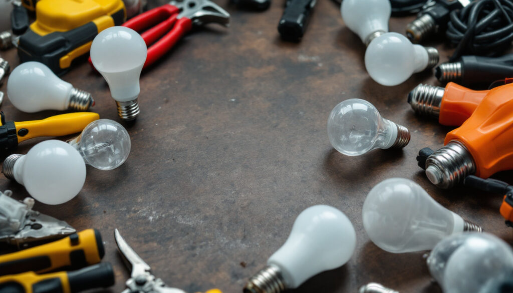 A photograph of a variety of lamp bulb bases displayed alongside lighting tools and equipment