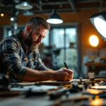 A photograph of a skilled lighting contractor at work