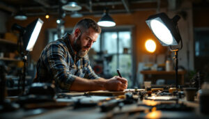 A photograph of a skilled lighting contractor at work