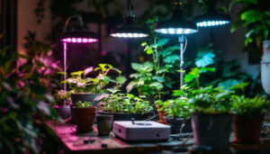 A photograph of a well-lit indoor gardening setup featuring various grow lights in action