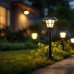 A photograph of a well-lit outdoor scene showcasing various solar lights in use