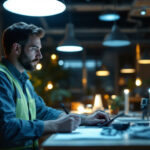 A photograph of a lighting contractor assessing various light fixtures in a well-lit workspace