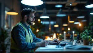 A photograph of a lighting contractor assessing various light fixtures in a well-lit workspace