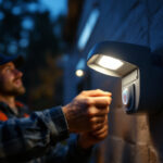 A photograph of a lighting contractor installing sensor lights in a residential outdoor setting during dusk