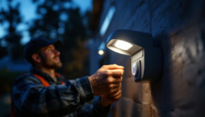 A photograph of a lighting contractor installing sensor lights in a residential outdoor setting during dusk