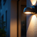 A photograph of a modern security lamp in an outdoor setting