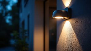 A photograph of a modern security lamp in an outdoor setting