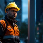 A photograph of a lighting contractor standing next to a standard light pole in an urban setting