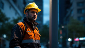 A photograph of a lighting contractor standing next to a standard light pole in an urban setting