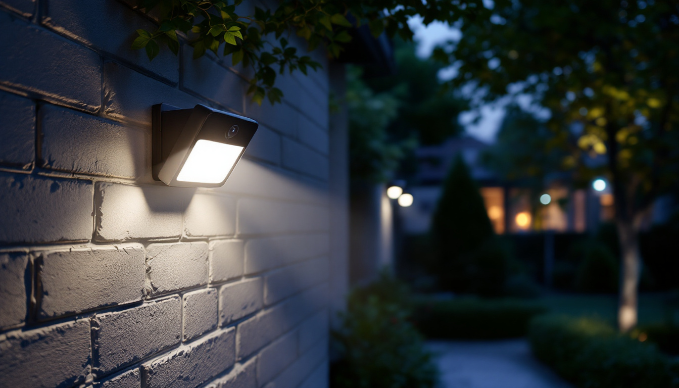 A photograph of a well-lit outdoor scene featuring a dusk-to-dawn security light with an integrated camera