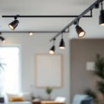 A photograph of a modern track lighting installation in a stylish interior setting