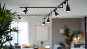 A photograph of a modern track lighting installation in a stylish interior setting