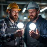 A photograph of a lighting contractor comparing a fluorescent light bulb and an led bulb side by side