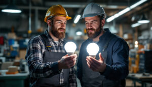 A photograph of a lighting contractor comparing a fluorescent light bulb and an led bulb side by side