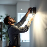 A photograph of a lighting contractor expertly installing a modern led bulb fixture in a well-lit room
