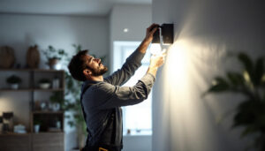 A photograph of a lighting contractor expertly installing a modern led bulb fixture in a well-lit room