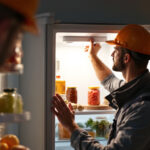 A photograph of a close-up shot of a refrigerator interior with the light on