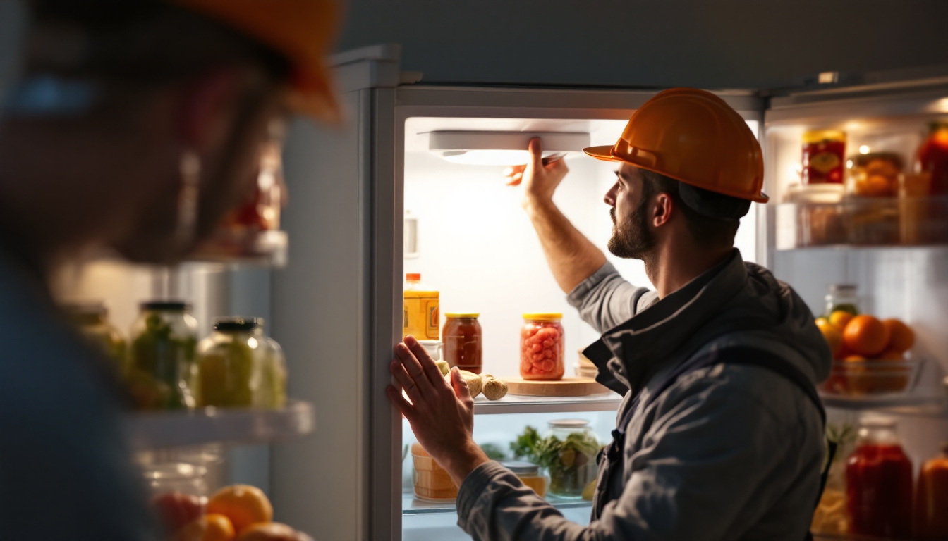 A photograph of a close-up shot of a refrigerator interior with the light on
