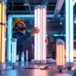 A photograph of a well-lit workspace featuring a variety of fluorescent tube lamps in different sizes and colors