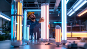 A photograph of a well-lit workspace featuring a variety of fluorescent tube lamps in different sizes and colors