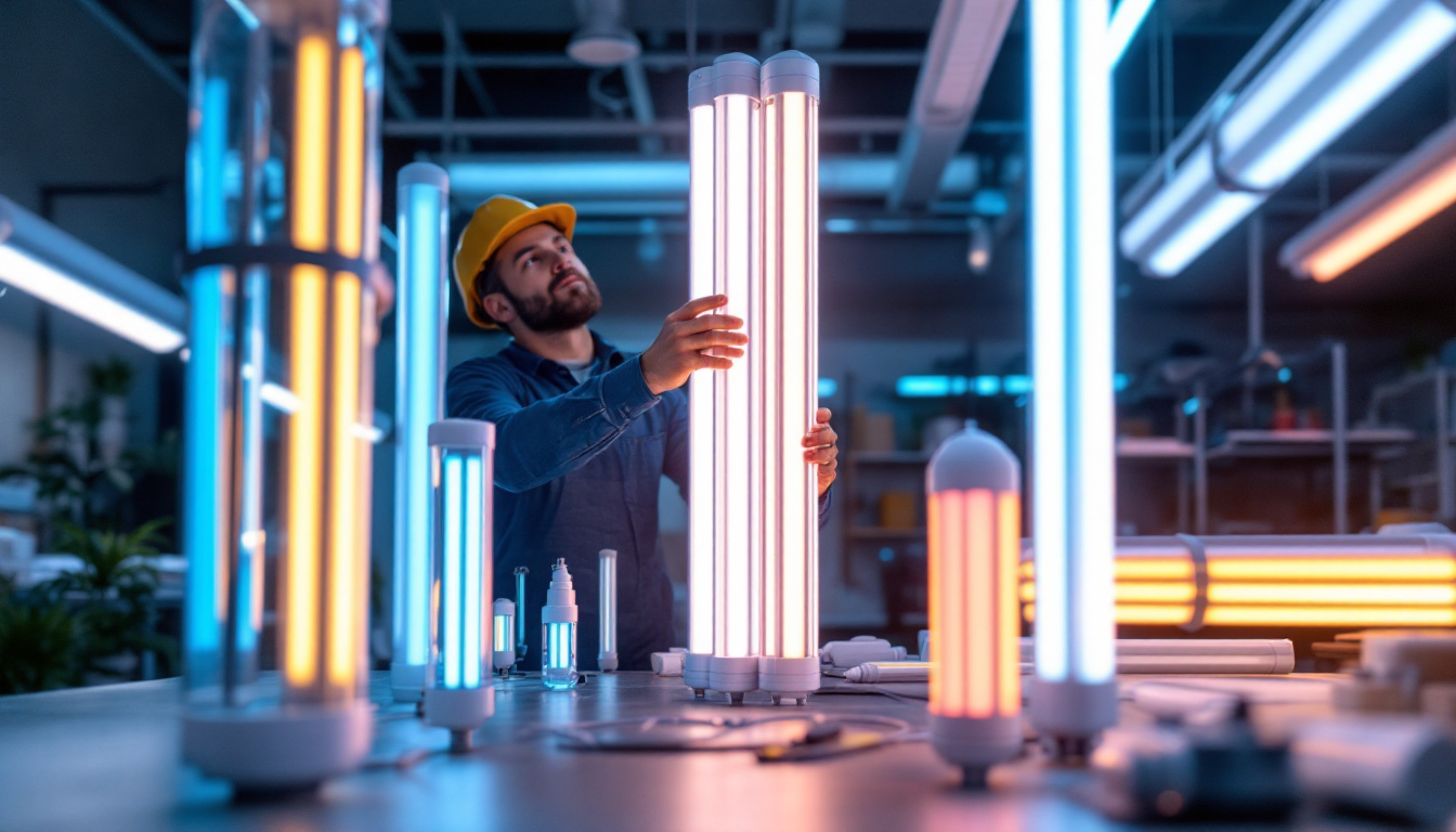 A photograph of a well-lit workspace featuring a variety of fluorescent tube lamps in different sizes and colors