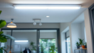 A photograph of a well-lit workspace featuring a 4' fluorescent two-bulb fixture installed in a ceiling