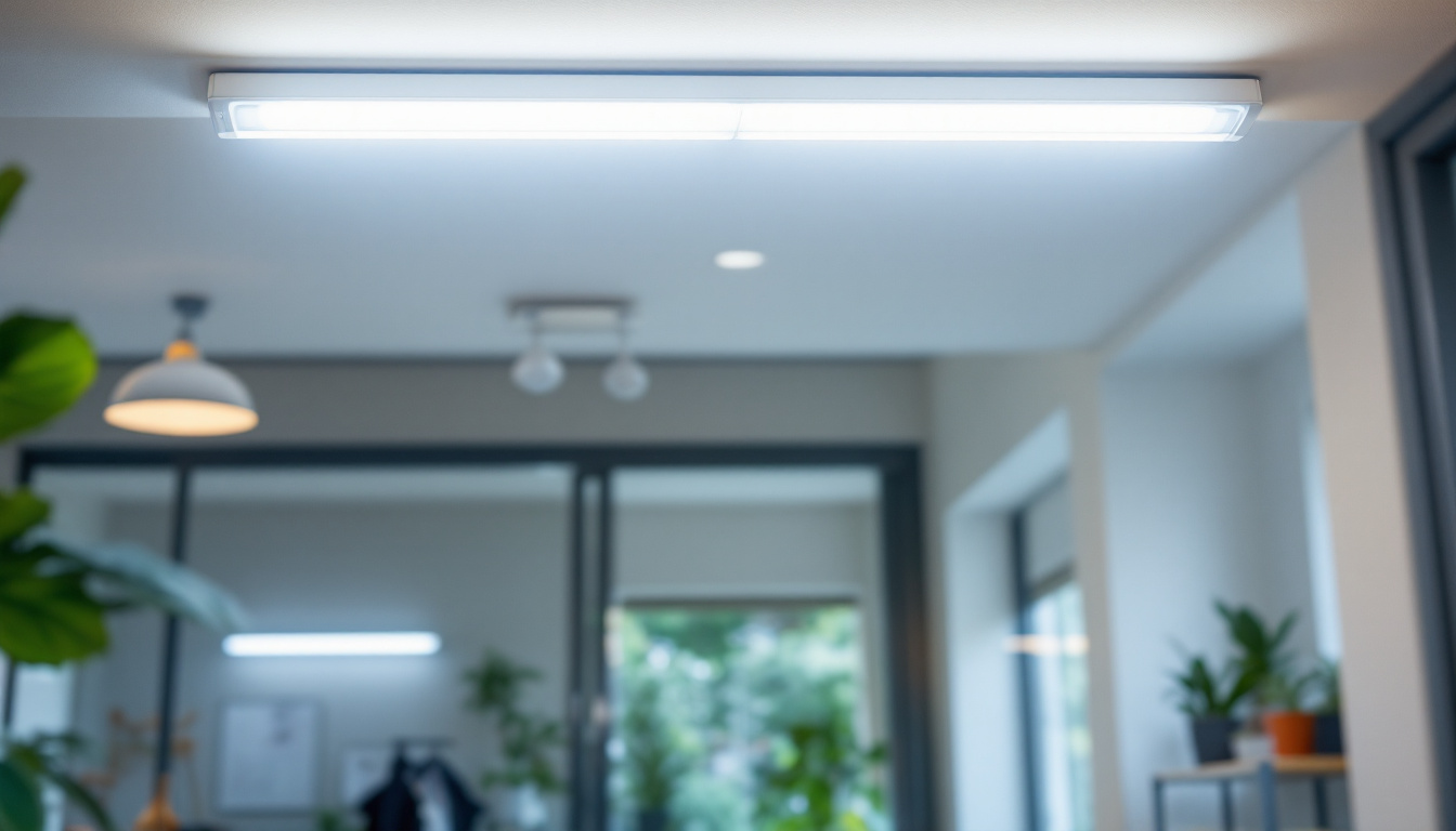 A photograph of a well-lit workspace featuring a 4' fluorescent two-bulb fixture installed in a ceiling