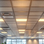 A photograph of a well-lit commercial space featuring a drop ceiling with stylish light covers